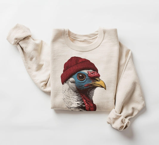 Retro Tom Turkey Wearing Beanie Vintage Thanksgiving Birding Unisex Sweatshirt
