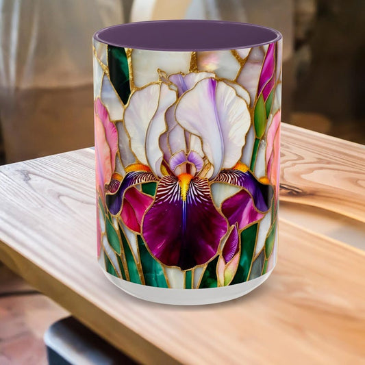 Stained Glass Style Iris Mug, Colorful Floral Ceramic Cup, Garden Flower Coffee Mug 15oz