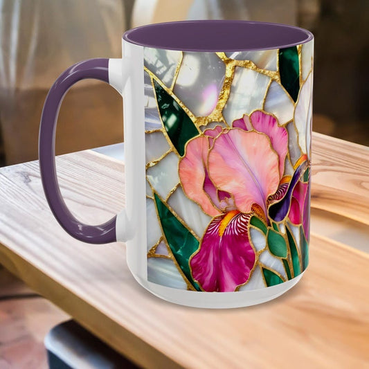 Stained Glass Style Iris Mug, Colorful Floral Ceramic Cup, Garden Flower Coffee Mug 15oz