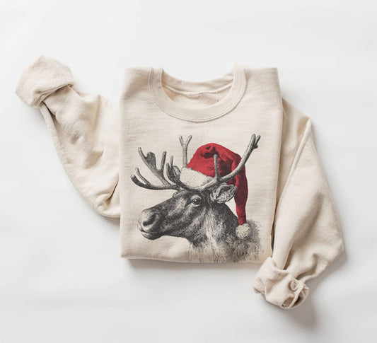 Retro Christmas Reindeer Wearing Santa Hat Vintage Caribou Wildlife Unisex Sweatshirt