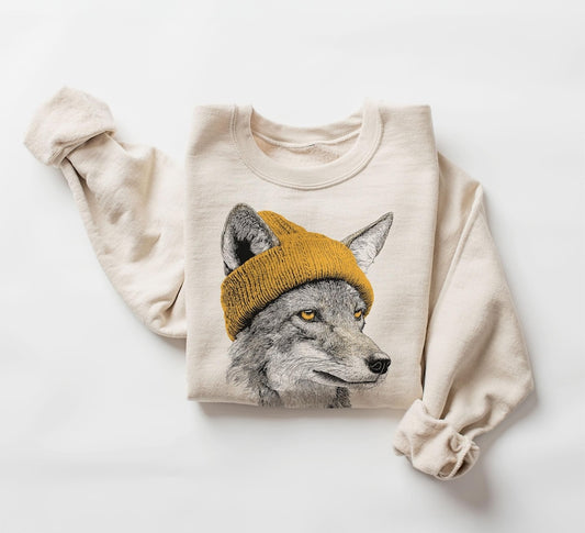 Retro Coyote Wearing Beanie Vintage Wildlife Unisex Sweatshirt