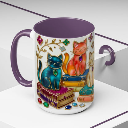 Stained Glass Style Cats Mug, Bookish Cat Art Mug, Jewel Tone Fantasy Cats Cup, Book Lover Mug 15oz