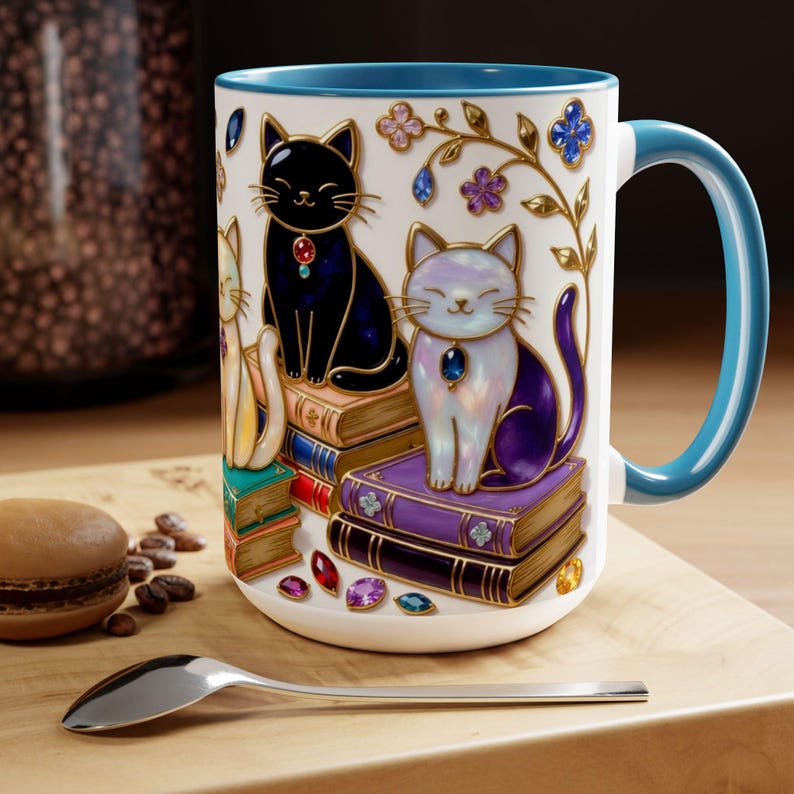 Stained Glass Style Cats Mug, Bookish Cat Art Mug, Jewel Tone Fantasy Cats Cup, Book Lover Mug 15oz