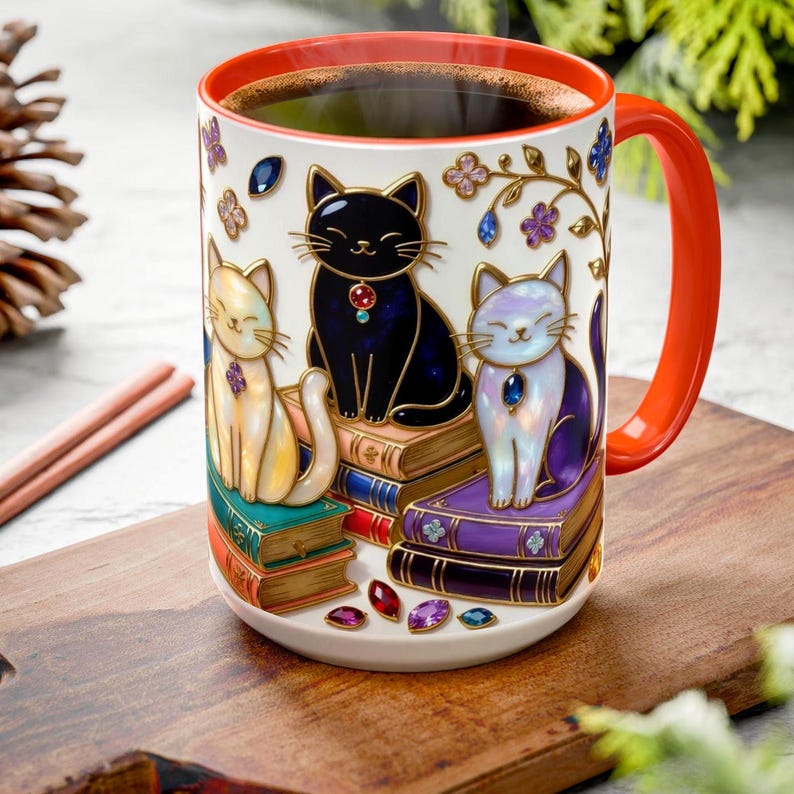 Stained Glass Style Cats Mug, Bookish Cat Art Mug, Jewel Tone Fantasy Cats Cup, Book Lover Mug 15oz