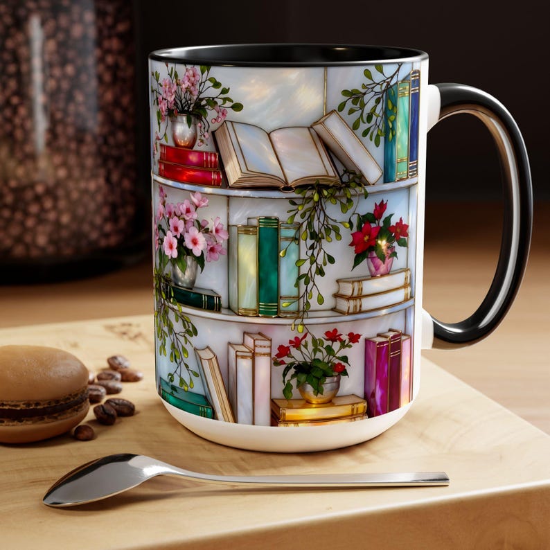 Stained Glass Style Bookshelf Mug, Colorful Floral Book Mug, Book Lover Gift. Elegant Reading Mug
