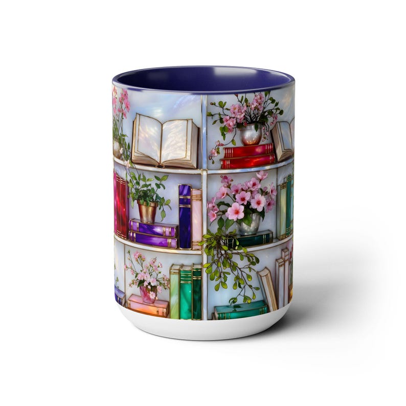 Stained Glass Style Bookshelf Mug, Colorful Floral Book Mug, Book Lover Gift. Elegant Reading Mug