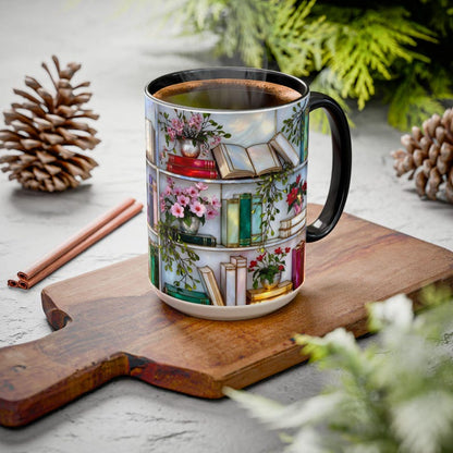Stained Glass Style Bookshelf Mug, Colorful Floral Book Mug, Book Lover Gift. Elegant Reading Mug
