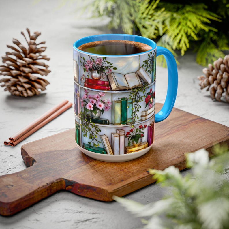 Stained Glass Style Bookshelf Mug, Colorful Floral Book Mug, Book Lover Gift. Elegant Reading Mug