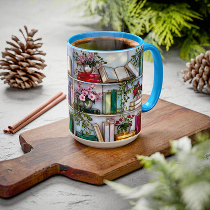 Stained Glass Style Bookshelf Mug, Colorful Floral Book Mug, Book Lover Gift. Elegant Reading Mug