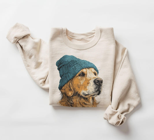 Retro Golden Retriever Wearing Beanie Vintage Dog Unisex Sweatshirt