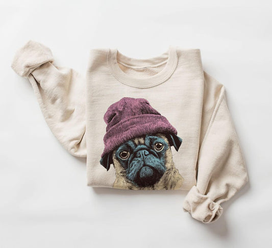 Retro Pug Wearing Beanie Vintage Dog Unisex Sweatshirt