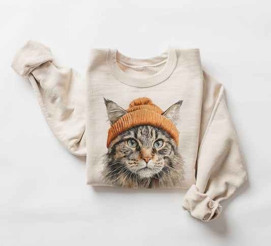 Retro Maine Coon Cat Wearing Beanie Vintage Kitty Unisex Sweatshirt