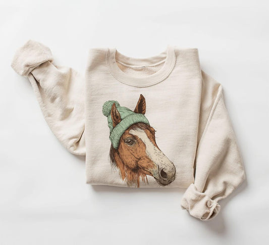 Retro Horse Wearing Beanie Vintage Equestrian Unisex Sweatshirt
