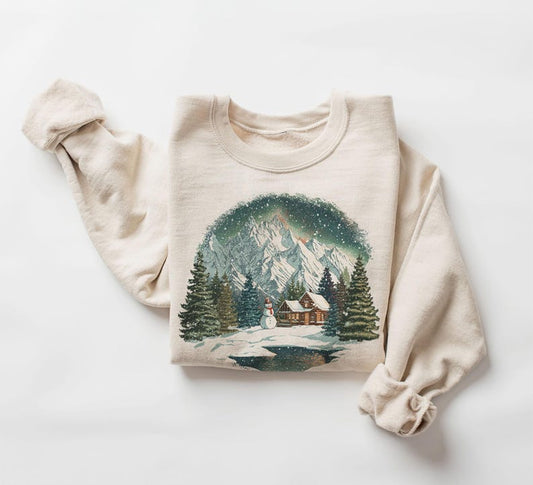 Christmas Retro 90's  Winter Cabin Snowman Northern Lights Wilderness Unisex Sweatshirt