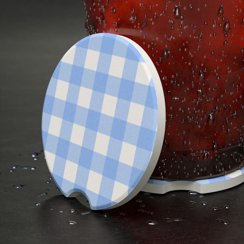 Universal Fit Blue Gingham Car Coasters, 1 or 2 Count Car Accessories