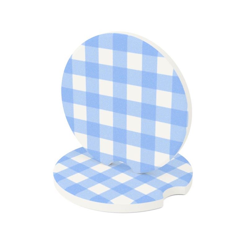 Universal Fit Blue Gingham Car Coasters, 1 or 2 Count Car Accessories