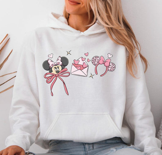 Vintage Coquette Bows Disney Valentine Hoodie: Magical Mickey Minnie Happy Valentine's Day 2026 WDW Disneyland Gift For Her