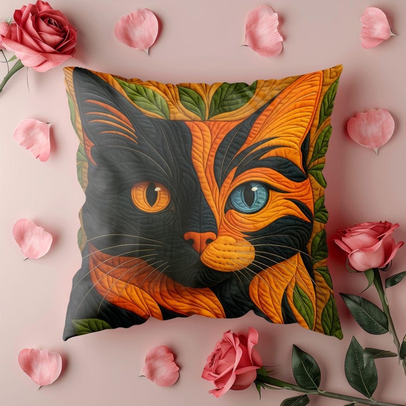 Calico Cat Art Pillow Cover, Colorful Cat Cushion Cover, Printed Finish Resembles a Quilted Style Look, Boho Cat Throw Pillow,Cat Lover Gift