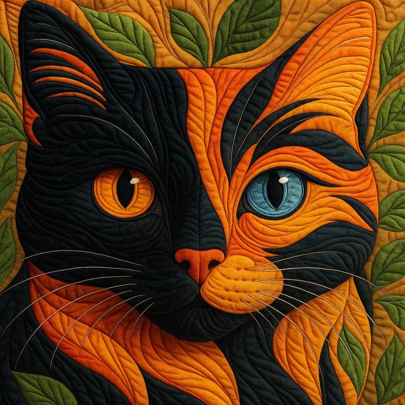 Calico Cat Art Pillow Cover, Colorful Cat Cushion Cover, Printed Finish Resembles a Quilted Style Look, Boho Cat Throw Pillow,Cat Lover Gift