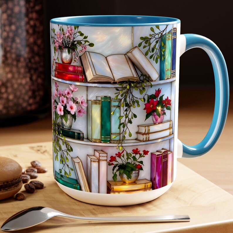 Stained Glass Style Bookshelf Mug, Colorful Floral Book Mug, Book Lover Gift. Elegant Reading Mug