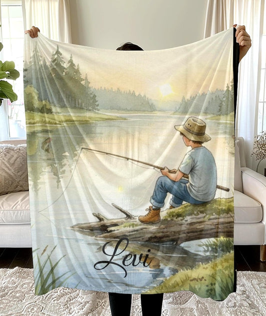 Personalized Fishing Boy Blanket, Custom Name Plush Velveteen Throw, Kids Lakehouse Gift, Cozy Bedroom Decor (3 Sizes)