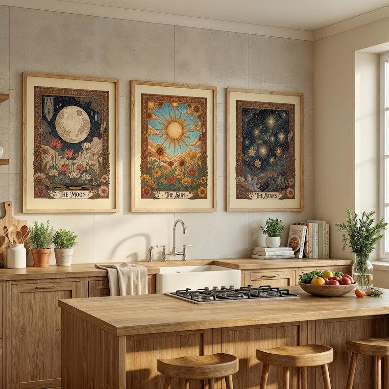 Tarot Wall Art Set: Vintage Celestial Botanical Prints (Sun Moon Stars)
