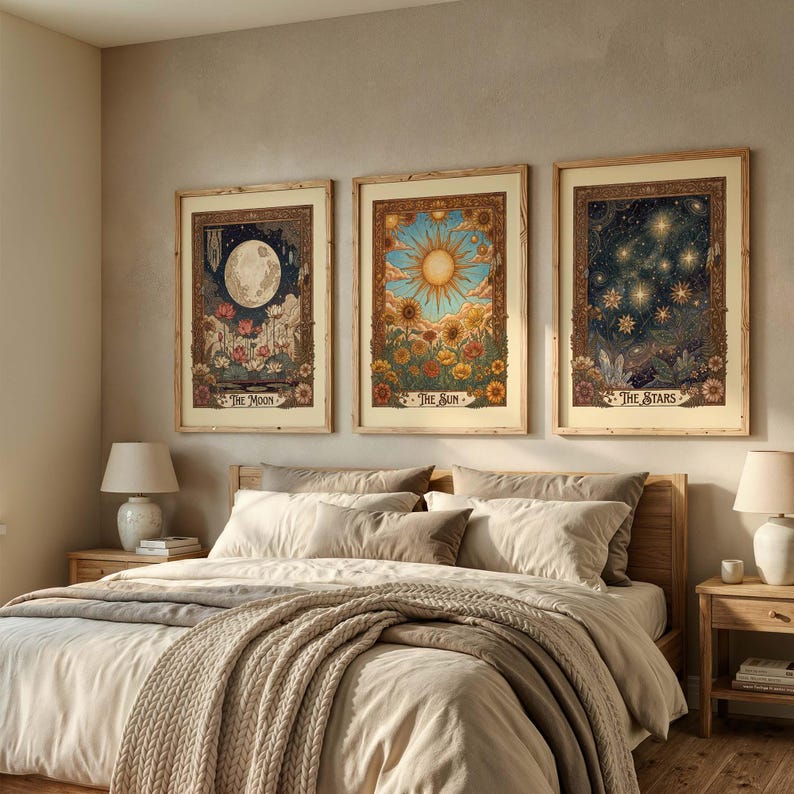 Tarot Wall Art Set: Vintage Celestial Botanical Prints (Sun Moon Stars)