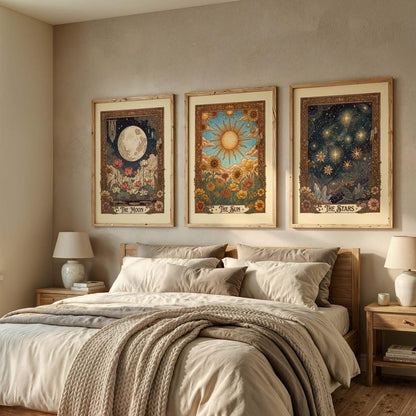 Tarot Wall Art Set: Vintage Celestial Botanical Prints (Sun Moon Stars)