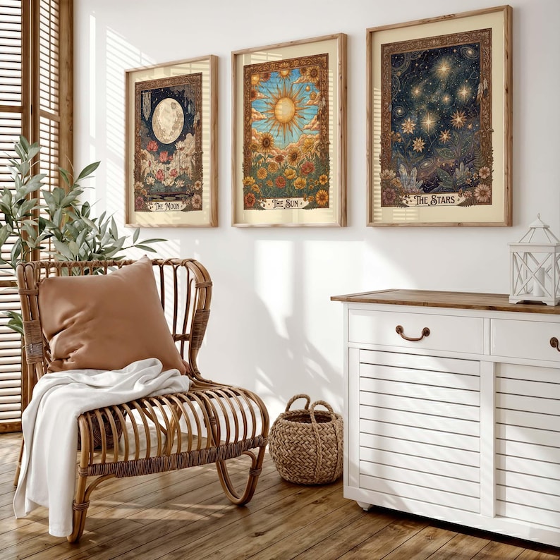Tarot Wall Art Set: Vintage Celestial Botanical Prints (Sun Moon Stars)