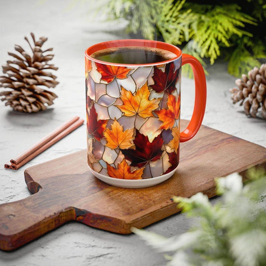 Autumn Maple Leaf Mug, Fall Stained-Glass Style Coffee Cup, Cozy Ceramic Seasonal Mug, Thanksgiving Gift Mug, Botanical Mug, Nature Mug 15oz