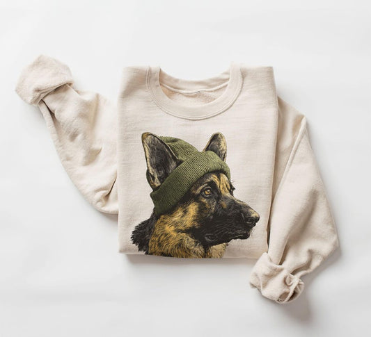 Retro German Shepherd Wearing Beanie Vintage Dog Unisex Sweatshirt