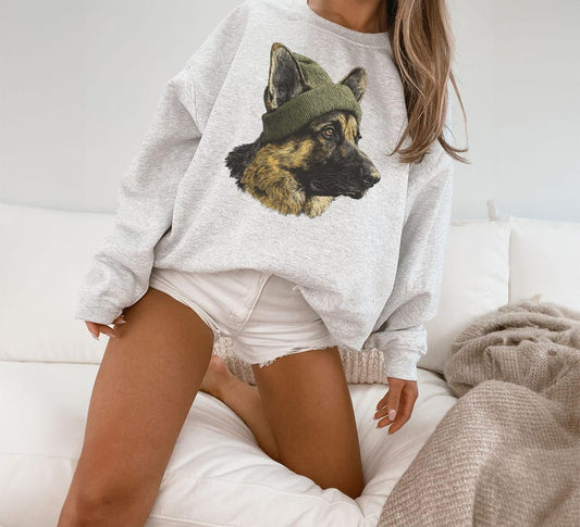 Retro German Shepherd Wearing Beanie Vintage Dog Unisex Sweatshirt