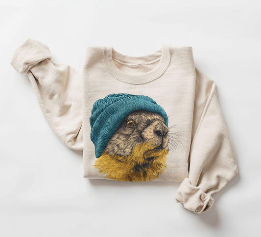 Retro Yellow Bellied Marmot Wearing Beanie Vintage Wildlife Unisex Sweatshirt