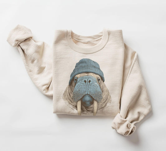 Retro Walrus Wearing Beanie Vintage Arctic Wildlife Unisex Sweatshirt