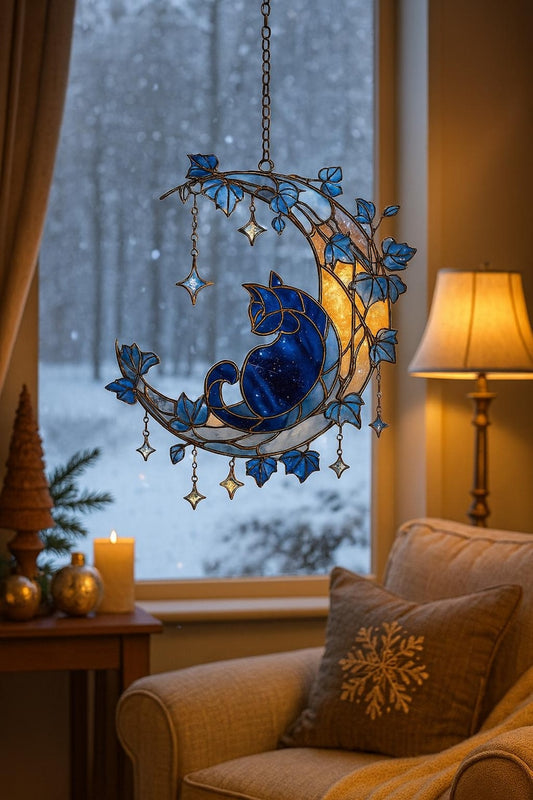 Blue Moon Cat Acrylic Suncatcher, Mystical Window Hanging Ornament, Celestial Moonlight Theme, Birthday & Anniversary Gifts for Cat Lovers