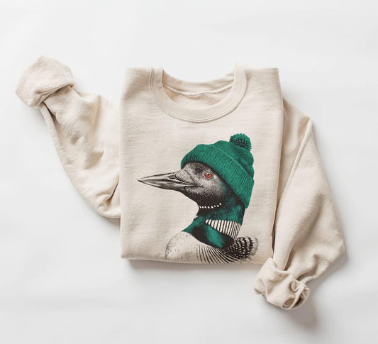 Retro 90's Common Loon Wearing Beanie Vintage Birdwatching Birding Unisex Sweatshirt