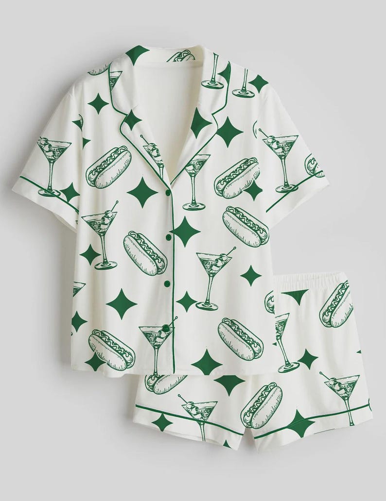 Women’s Satin Pajama Set, Dirty Martini Print Short Sleeve Pajamas, Funny Cocktail Sleepwear, Party Night PJ Set, Gift for Her