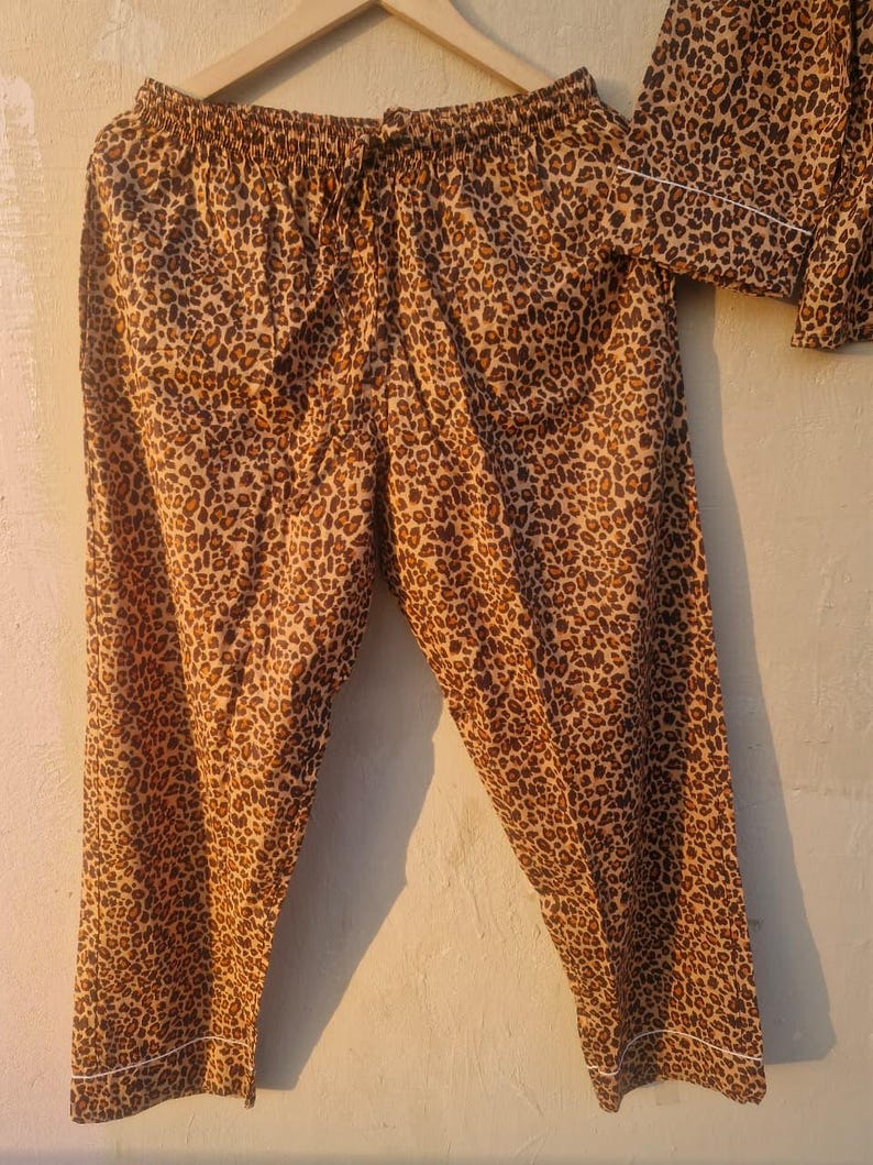 Leopard Print Cotton Pajama Set for Women, Button Down PJ Set, Soft Nightwear Loungewear, Animal Print Sleepwear Gift