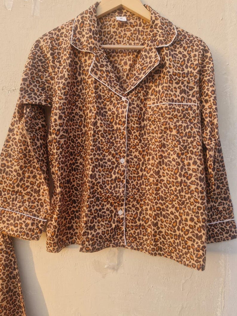 Leopard Print Cotton Pajama Set for Women, Button Down PJ Set, Soft Nightwear Loungewear, Animal Print Sleepwear Gift