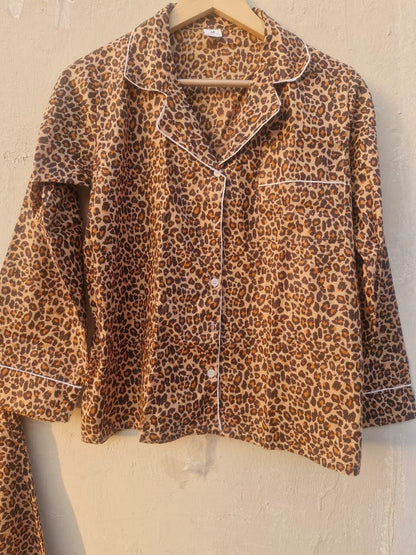 Leopard Print Cotton Pajama Set for Women, Button Down PJ Set, Soft Nightwear Loungewear, Animal Print Sleepwear Gift