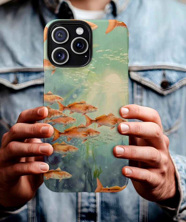 Redfish Phone Case, Tough Case iPhone 17 16 Pro Max, Fishing Phone Cover, Coastal Redfish Artwork, Fisherman Gift, Lucky Levi