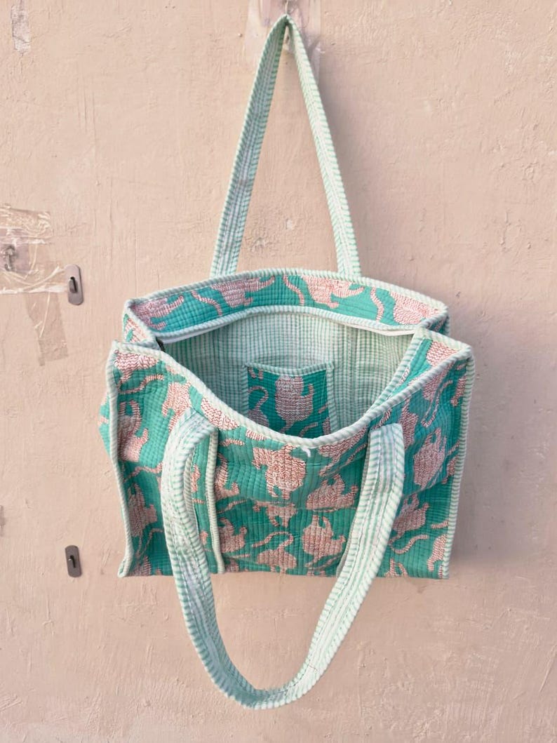 Handmade Quilted Cotton Tote Bag Tiger Print | Boho Shoulder Bag Reusable Market Tote | Eco Friendly Gift for Women