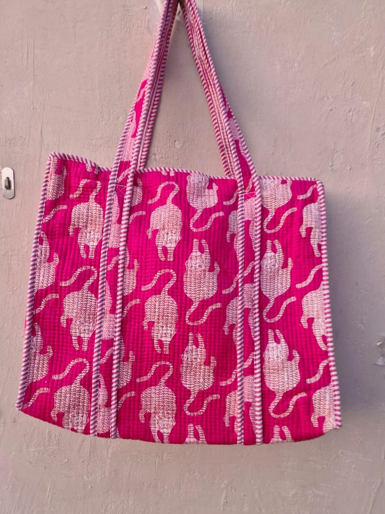 Handmade Quilted Cotton Tote Bag Tiger Print | Boho Shoulder Bag Reusable Market Tote | Eco Friendly Gift for Women