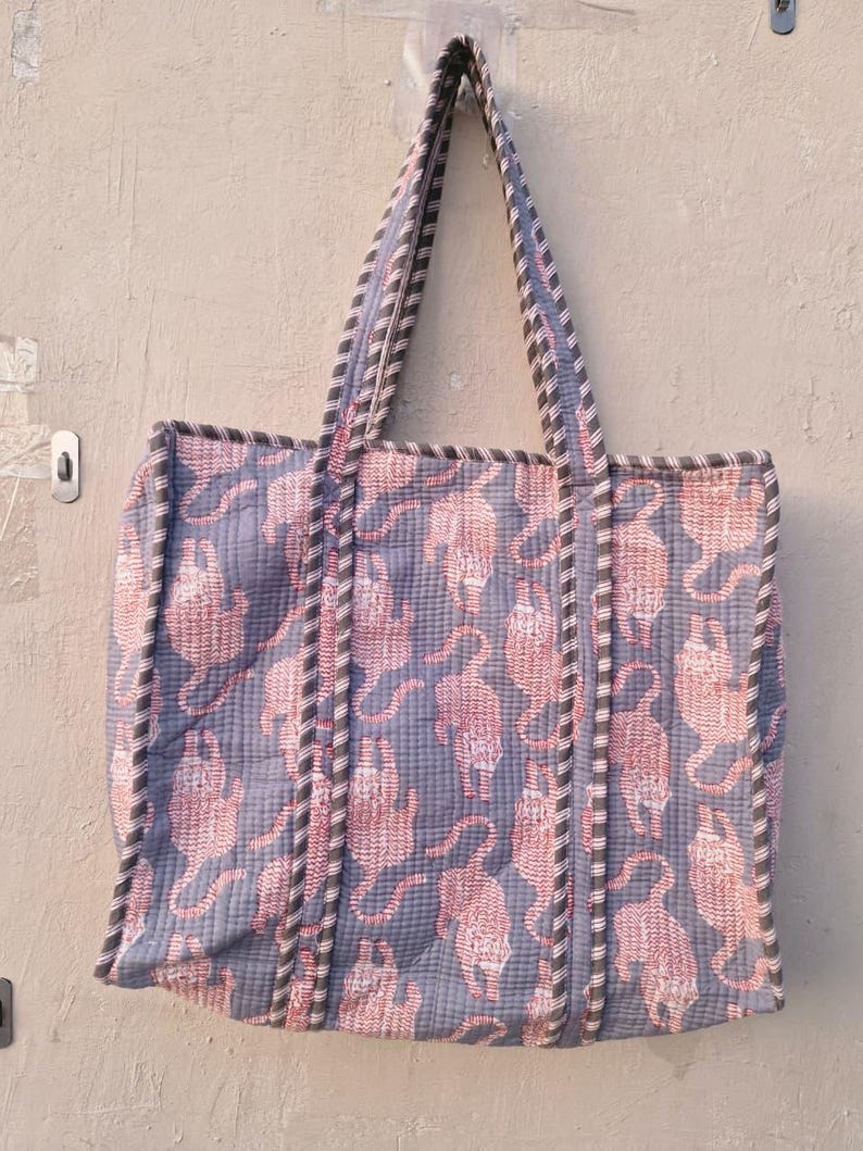 Handmade Quilted Cotton Tote Bag Tiger Print | Boho Shoulder Bag Reusable Market Tote | Eco Friendly Gift for Women