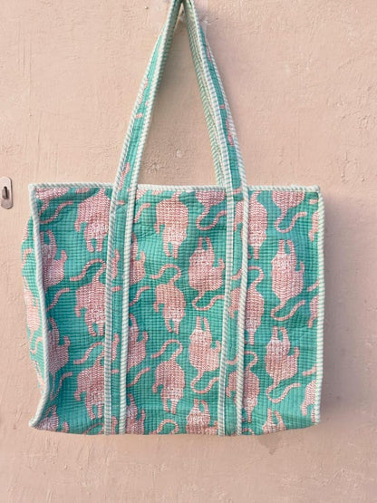 Handmade Quilted Cotton Tote Bag Tiger Print | Boho Shoulder Bag Reusable Market Tote | Eco Friendly Gift for Women