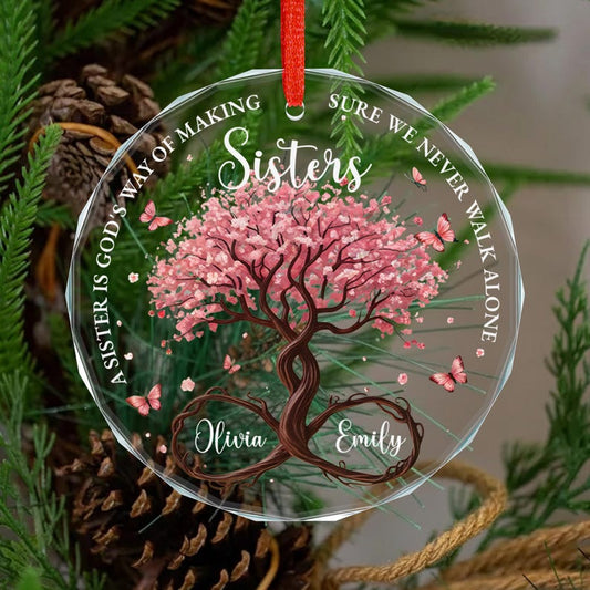 Personalized Sisters Glass Ornament, God’s Way Friendship Gift, Sister Ornament Gift with Custom Names, Tree of Life Ornament Decor