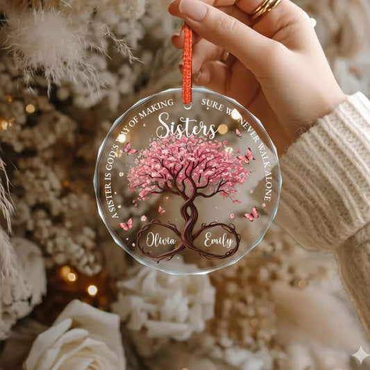 Personalized Sisters Glass Ornament, God’s Way Friendship Gift, Sister Ornament Gift with Custom Names, Tree of Life Ornament Decor