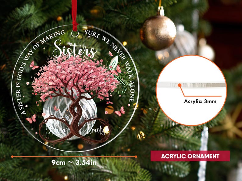 Personalized Sisters Glass Ornament, God’s Way Friendship Gift, Sister Ornament Gift with Custom Names, Tree of Life Ornament Decor