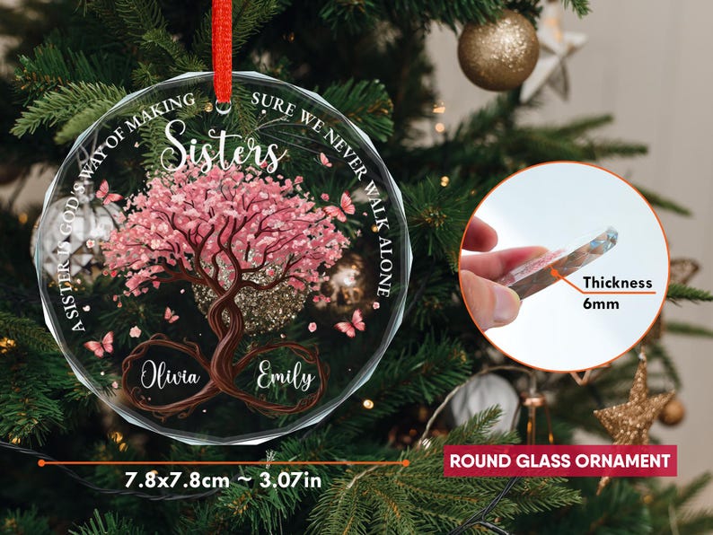 Personalized Sisters Glass Ornament, God’s Way Friendship Gift, Sister Ornament Gift with Custom Names, Tree of Life Ornament Decor