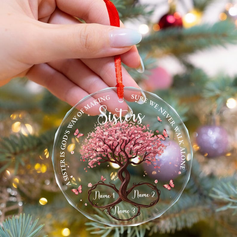 Personalized Sisters Glass Ornament, God’s Way Friendship Gift, Sister Ornament Gift with Custom Names, Tree of Life Ornament Decor